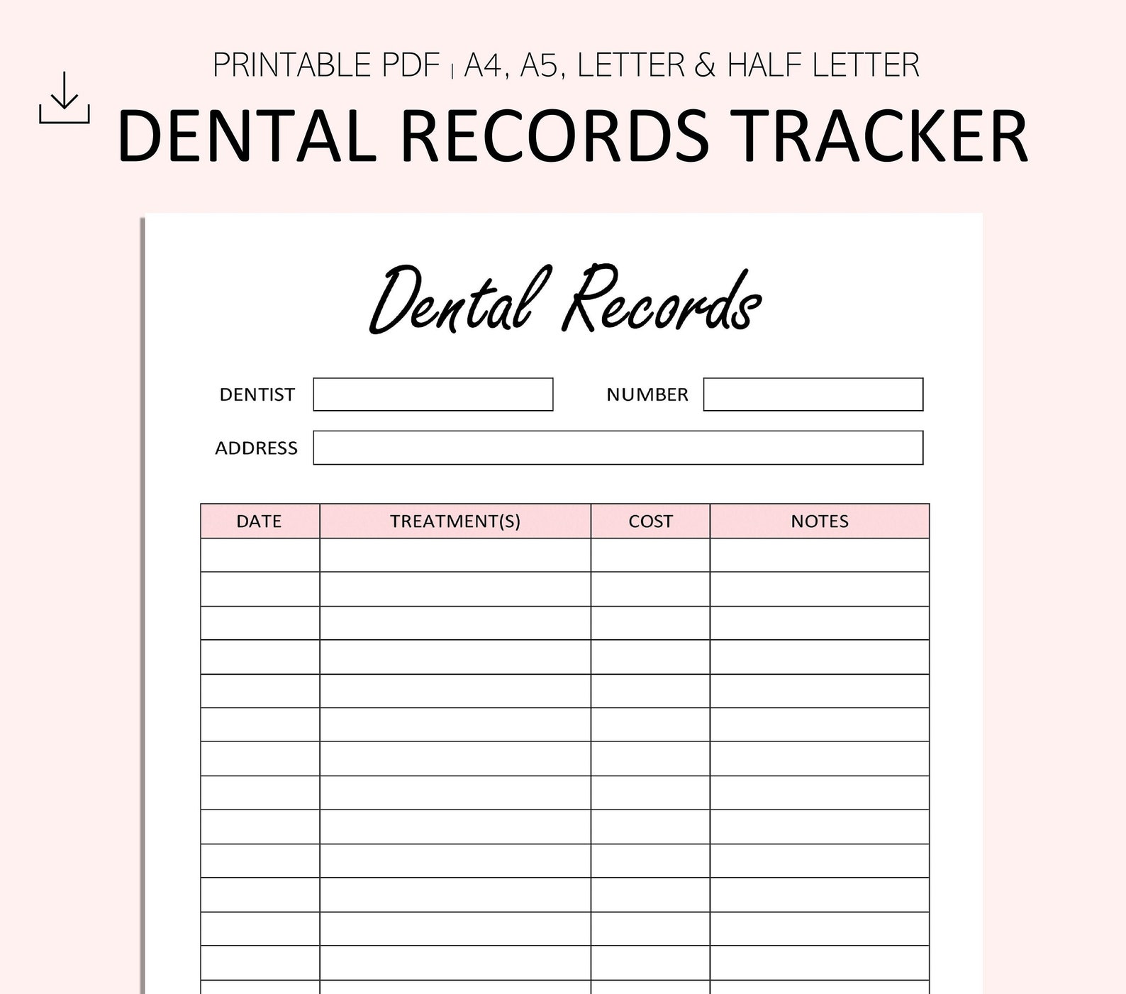 Dental Records Printable Dental Log Dentist Visits Tracker Etsy
