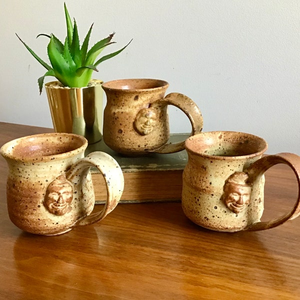 Vintage Set of 3 Studio Art Pottery Mugs with Applied Faces, Signed Kaufmann Mugs, Art Pottery Coffee Mugs