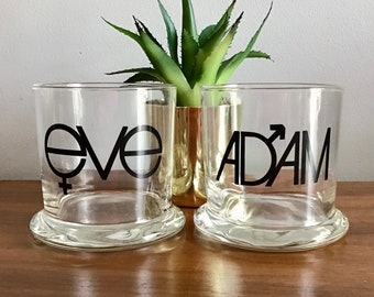 Vintage 1970s Adam and Eve Rocks Glasses, His and Hers Glasses, Groovy Barware, Post Modern Barware