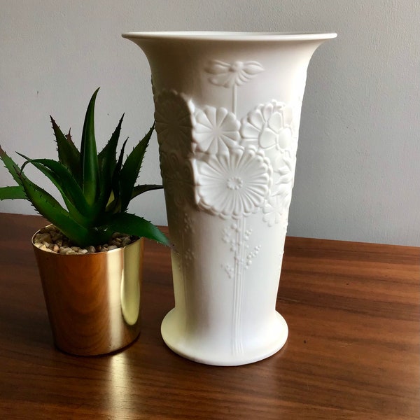 Vintage Mid Century Kaiser Bisque Porcelain Vase with Floral Relief 493 German Porcelain, Raised Flowers, A K Kaiser