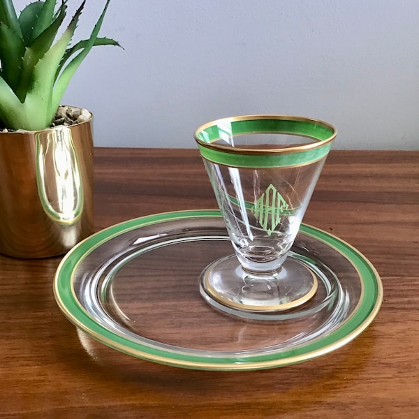 Art Deco Glass Monogrammed Snack or Canapé Set with Green Rim and Gold Trim Cambridge Glass, Fry Glass, Cocktail Set, Hors d’Oeuvres Set