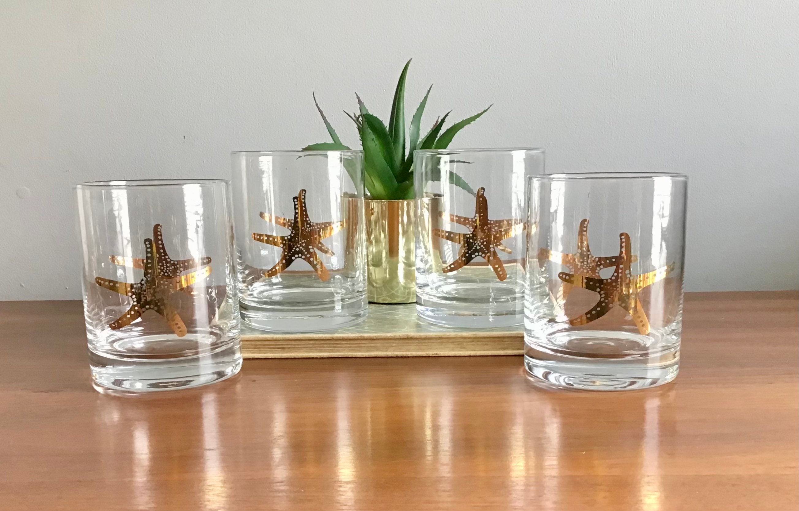 *Pair of* Lowball Drinking Glasses Hand Blown Bubble Glass Starfish Nautical