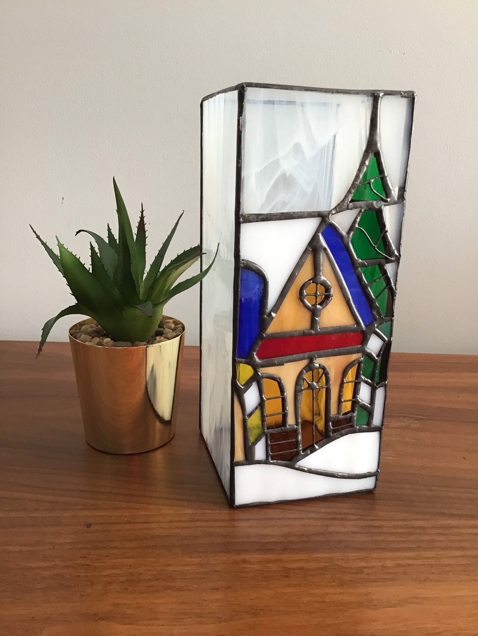 Vintage Handmade Stained Glass Candle Cover With Winter Scene Etsy