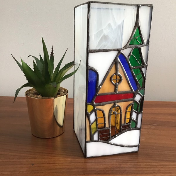 Vintage Handmade Stained Glass Candle Cover with Winter Scene and House Votive