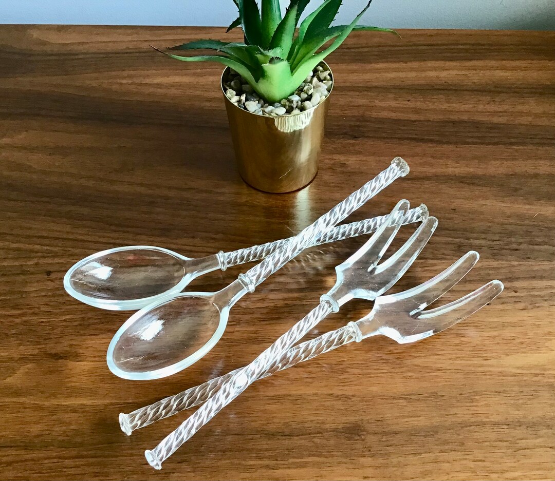Vintage Set of Glass Salad Fork and Spoons Twisted Handles Etsy
