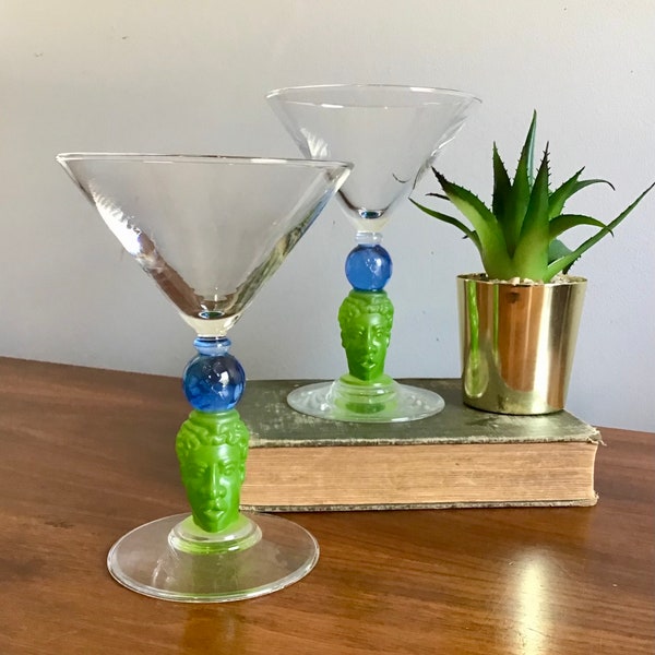 Vintage Jolley Bombay Martini Glasses 1996, Post Modern Barware, Bombay Saphare Gin, Green Face, Blue Globe