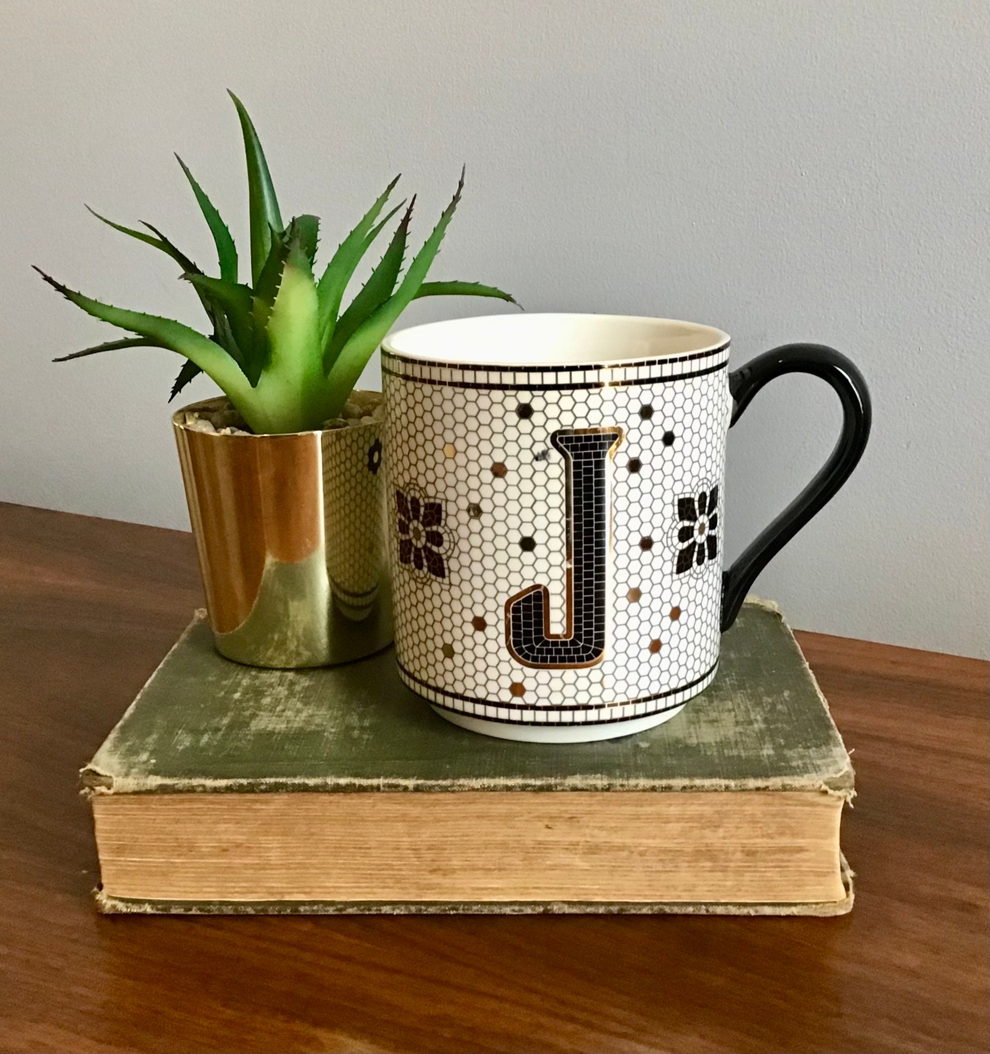 Vintage Anthropologie Margot Bistro Tile Monogram “J” Mug 