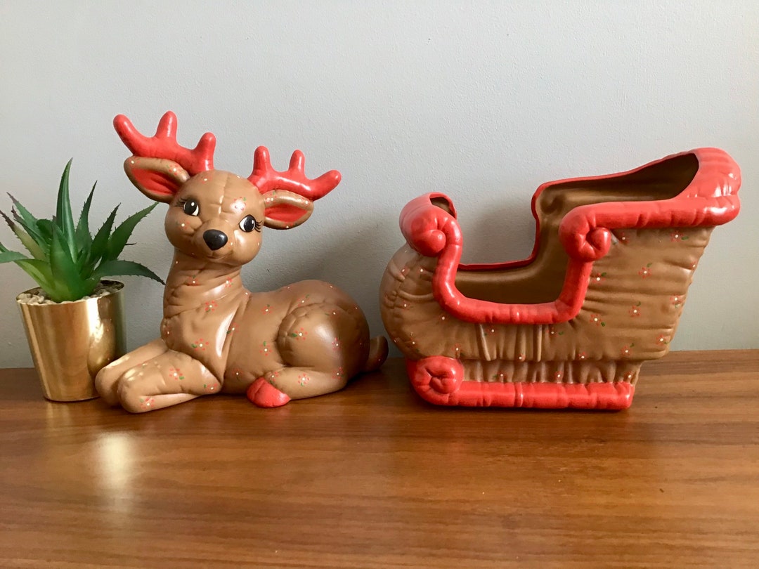 Vintage Hand Painted Kimple Mold Ceramic Reindeer and Sleigh, 1980s