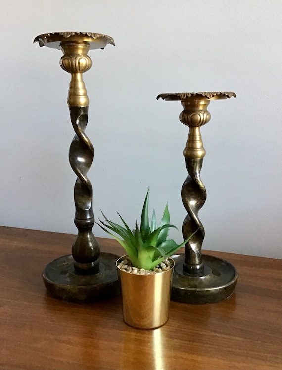 Vintage Pair of Solid Brass Barley Twist Candle Sticks Bronze Heavy -   Canada