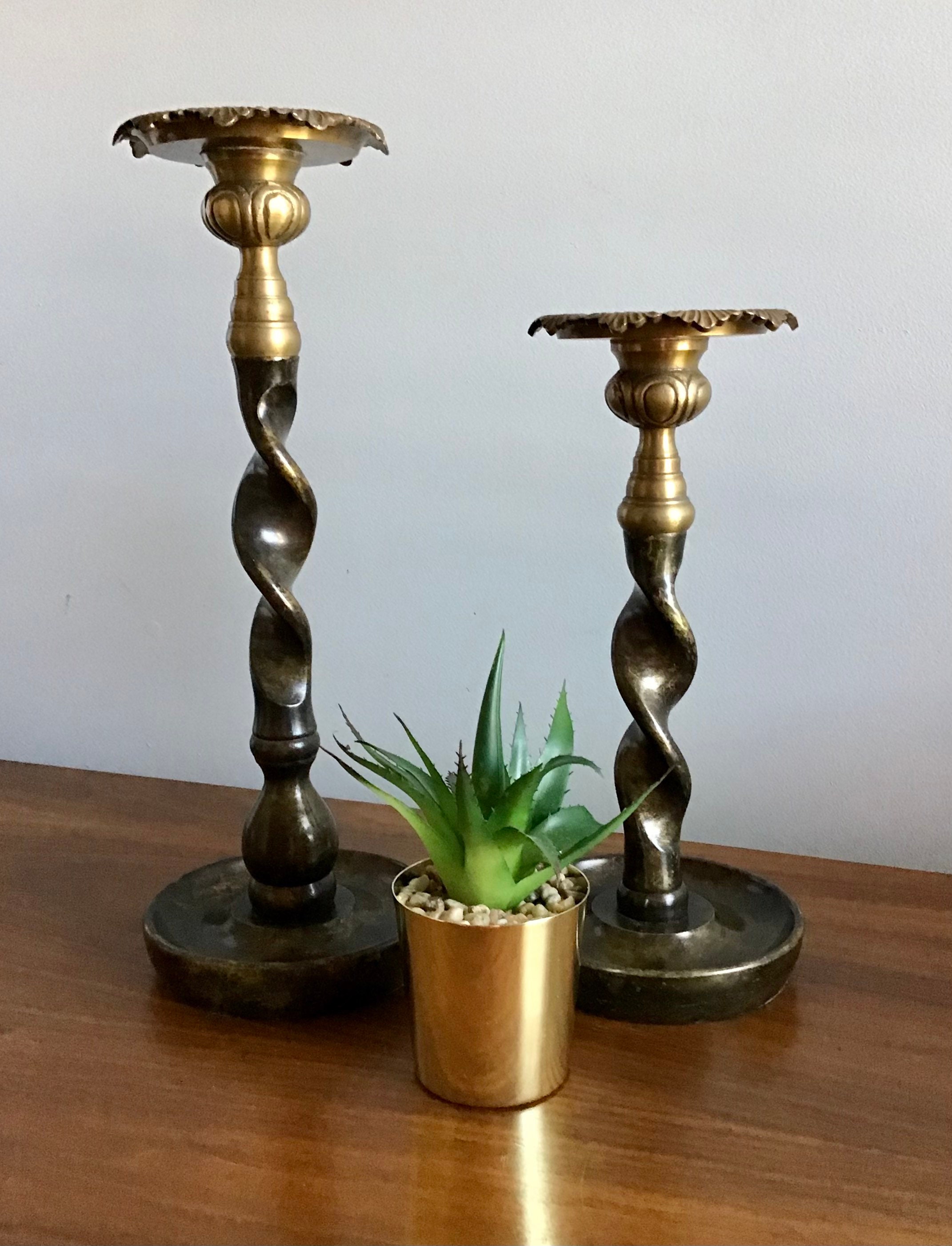 Double Twist Brass Barley Candle Sticks Candleholders 1950s - Ruby