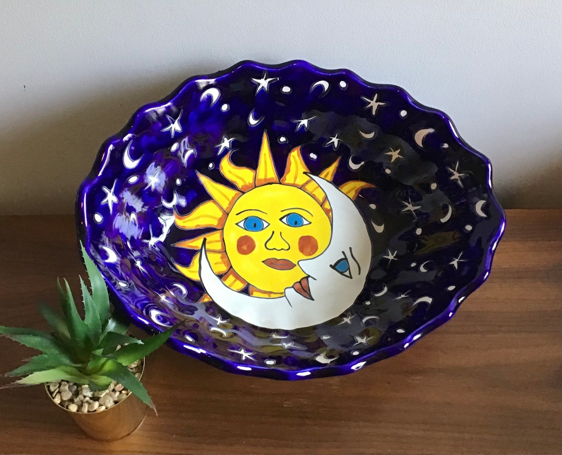 Vintage Mexican Talavera Pottery Large Bowl With Sun and Moon Etsy