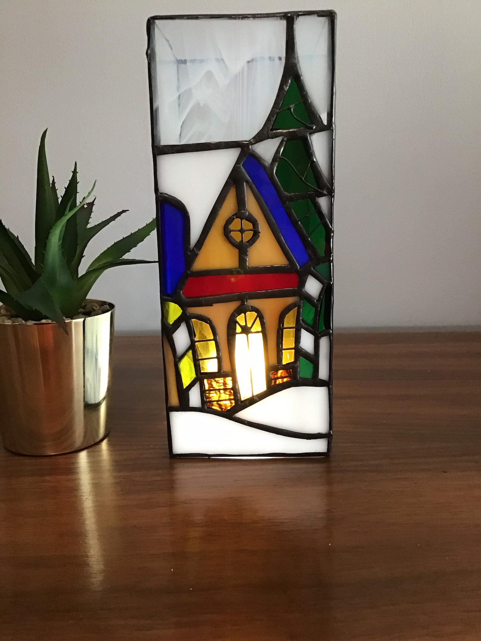 Vintage Handmade Stained Glass Candle Cover With Winter Scene Etsy