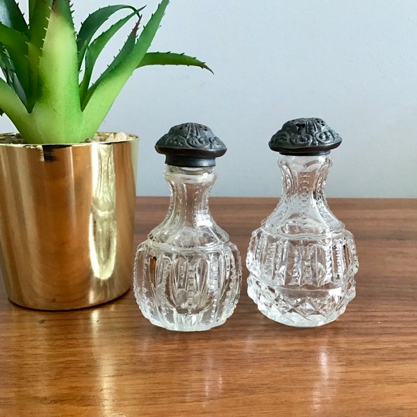 Antique Victorian Cut Glass Salt and Pepper Shakers with Sterling Collars and Embossed Tops, Vertical Zipper Cut Glass, Notched Prism