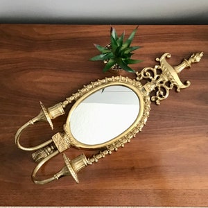 Vintage Hollywood Regency Style Solid Brass Mirrored Wall Sconce Double Arm Candle Holder, Brass Wall Sconce Mirror, Decorative Crafts Inc