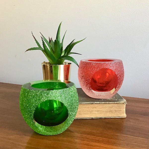 Vintage Pair of Sugared Geode Votive Candle Hoders by Fifth Avenue Crystal, Red and Green Votive Hoders, Murano Style