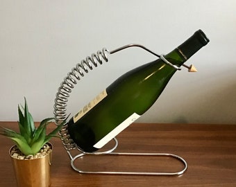Vintage Post Modern Memphis Style Stainless Steel Wine Bottle Holder With Wood Accent, Post Modern, Table Wine Holder