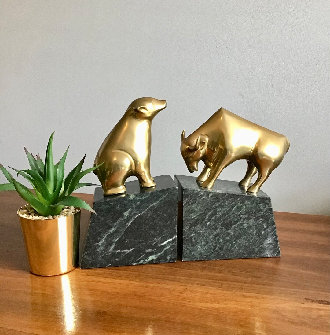 Vintage Pair of Brass Bull and Bear Bookends on Marble Base Etsy
