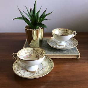 Antique Nippon Moriage Footed Tea Cup and Saucer with Pink Roses and Gold Garlands, **Sold Separately