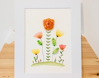 ORIGINAL FLOWER PAINTING, Embellished with Button Art, Summer Floral Art Decor, Birthday gift for mum.