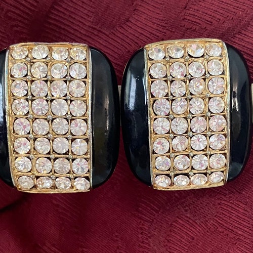 Vintage Givenchy earrings clips- 1970s -Gorgeous black enamel outlets and rhinestones- EXCELLENT Condition