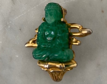 Buddha Brooch Pin -attributed to BOUCHER- 1960s Faux Jade and