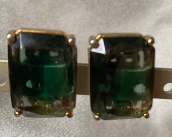 Elsa Schiaparelli earrings clips- Signed with Pat Number 1940/1950s- Very Good Vintage Condition Huge Green Crystal Stones- Tres Chic- RARE