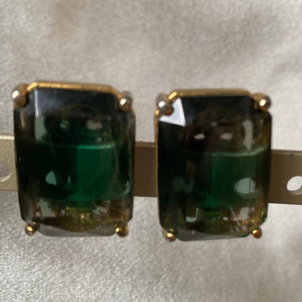 Elsa Schiaparelli earrings clips- Signed with Pat Number 1940/1950s- Very Good Vintage Condition Huge Green Crystal Stones- Tres Chic- RARE