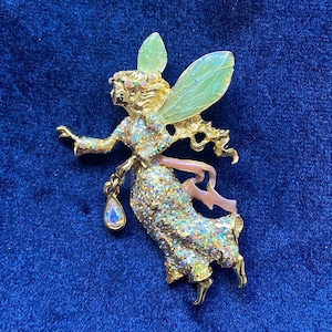Vintage Kirks Folly brooch pin- Woodland Fairy -  Retired - c 1990s - Near Mint! Gorgeous AB stones and Glitter Enamel in Goldtone