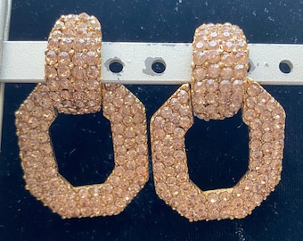 THELMA DEUTSCH Signed earrings clips c.1980s  Near MINT Gorgeous Champagne Crystal Rhinestones