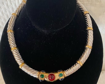 Vintage CINER necklace - Jewels of India- Moghul- 1980s - Signed- Very Good Condition - Cabochons- Silvertone 18K Gold Plated- Hard to Find