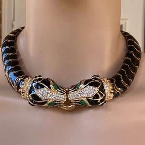 Vintage CINER DOUBLE Panther Necklace- EXCELLENT Condition - Signed 1980s Ultra Rare-  Black Enamel 18k gold-plated Swarovski Crystals