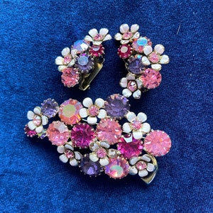WEISS set Demi Parure - Brooch and Clip Earrings- Rare-Signed - Excellent Condition- Enamel and Swarovski Crystals-v. Lovely!