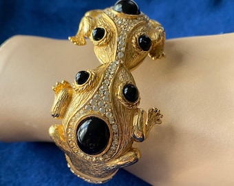Vintage CINER double frog bangle bracelet - RARE -Signed- 1960s- 18k goldplated - Collector Piece