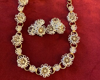 Enamel and rhinestone necklace and clip earrings set and matching earrings set - Demiparure- Excellent Condition- Unsigned - c. 1950s