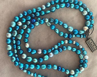 HONORA Genuine  Freshwater Pearl Necklace - 52 inches! With Tag and Bag in MINT Condition! Gorgeous Shades of Royal Blue and Teal