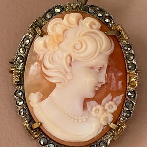Spilla antica con cammeo edoardiano con gancio per appenderlo, in ottime condizioni, conchiglia autentica con intaglio finemente dettagliato, argento 800 e marcasite.