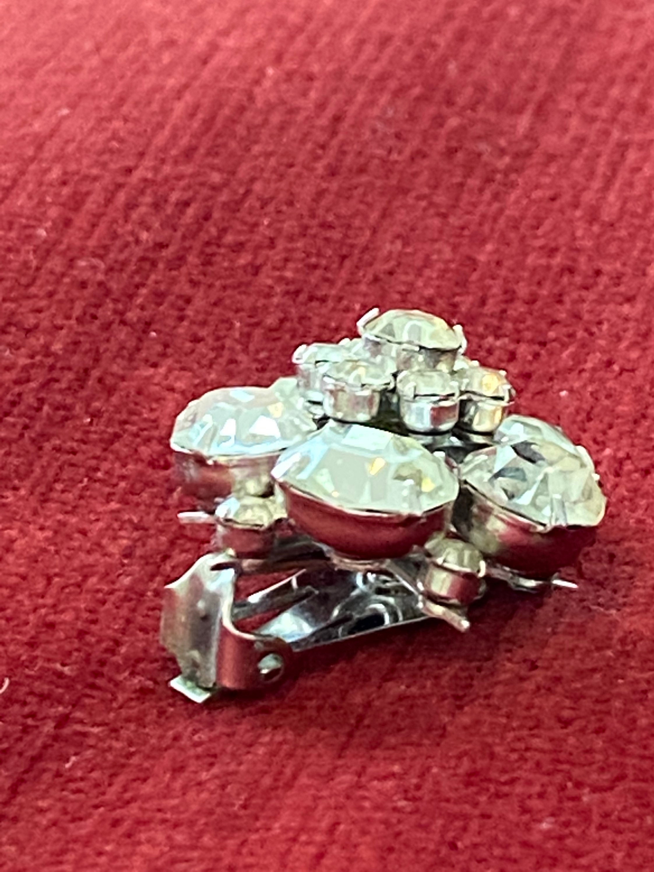 Boucles D'oreilles Clips Vintage Signées CORO 3579 - Cristaux Diamant Sur Argent