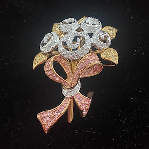 Vintage Swarovski Crystal Brooch -Flower Bouquet & Ribbon - Signed- Numbered 98JP-  Near Mint Condition- Clear, Pink and Yellow Pave Stones