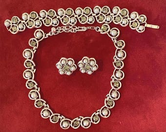 Vintage Crown Trifari Set Bracelet Necklace and Earrings - c 1950's- EXCELLENT Condition- Faux Pearl and Grey Green Crystals set in Rhodium