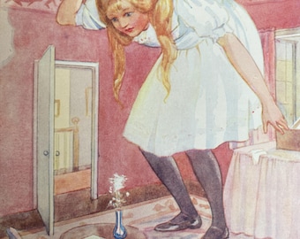 May include: Illustration of a young girl in a white dress and black stockings, looking down into a room. The room features a small table with a vase of flowers, a chair, and a door. The artwork has a vintage style with soft colors and a whimsical feel.