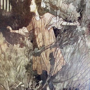 May include: An illustration of a young person in a long, light brown dress and dark boots, navigating through a dense, overgrown area. The person has a white bow in their hair and is reaching out, with a look of curiosity.