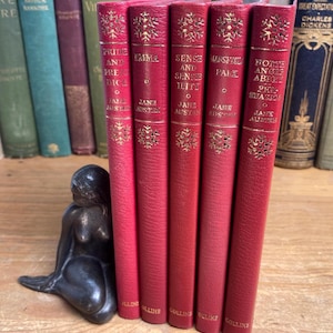 Jane Austen book set, Collins Press, 1960s, de-luxe edition - leather bound with Austen Portrait, gilt top edges and book mark ribbons.
