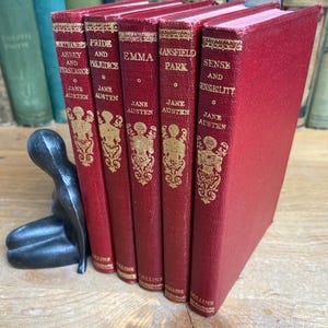 Jane Austen book set, Collins Clear-type  Press, circa 1940, red leatherette covers, illustrated, vintage, pocket editions.