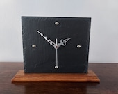 Large square modern unique grey slate mantle clock with solid wood base handcrafted