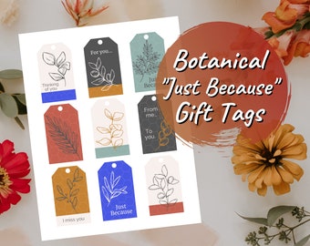 Printable Gift Tags | Just Because | Thinking of You | I Miss You | Any Occasion | Modern Botanical Gift Tags for Gift Bags | Floral Sketch