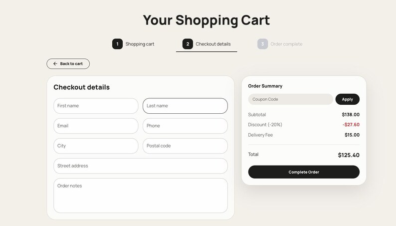 K&ouml;nnte beinhalten: Ein digitaler Warenkorb-Checkout-Bildschirm mit dem Text "Your Shopping Cart" oben. Der Bildschirm zeigt Felder f&uuml;r Checkout-Details, einschlie&szlig;lich Name, E-Mail und Adresse, sowie eine Bestell&uuml;bersicht mit Zwischensumme, Rabatt, Liefergeb&uuml;hr und Gesamtbetrag.