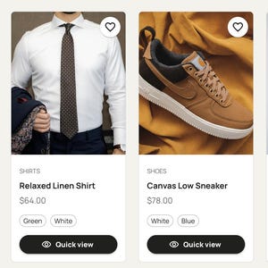 K&ouml;nnte beinhalten: Eine Auswahl an Kleidungsst&uuml;cken: ein wei&szlig;es Minimal-Baumwoll-T-Shirt, ein wei&szlig;es, entspanntes Leinenhemd, braune Canvas-Sneaker und eine beige Rippstrick-Strickjacke. Jeder Artikel wird mit Preis und Farbauswahl angezeigt.
