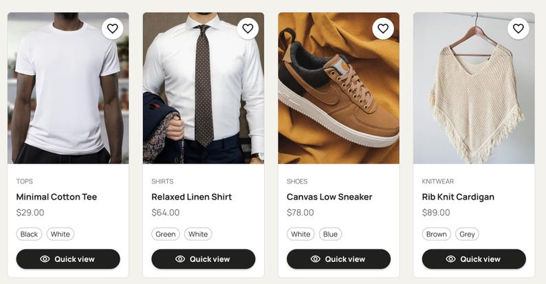 K&ouml;nnte beinhalten: Eine Auswahl an Kleidungsst&uuml;cken: ein wei&szlig;es Minimal-Baumwoll-T-Shirt, ein wei&szlig;es, entspanntes Leinenhemd, braune Canvas-Sneaker und eine beige Rippstrick-Strickjacke. Jeder Artikel wird mit Preis und Farbauswahl angezeigt.