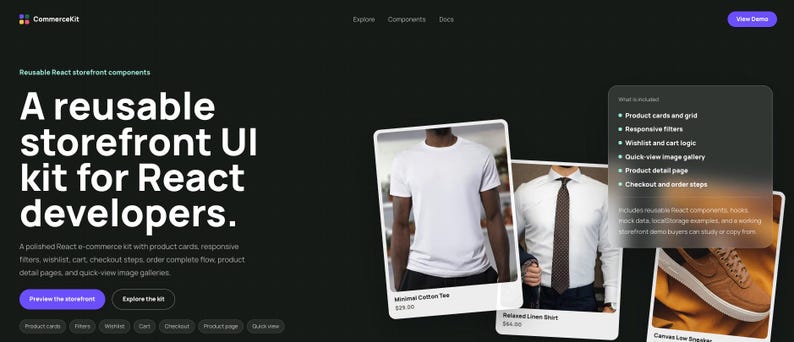 K&ouml;nnte beinhalten: Dunkler Hintergrund mit dem Text "CommerceKit" und "A reusable storefront UI kit for React developers." Das Bild enth&auml;lt Produktkarten, responsive Filter und eine Schnellansicht-Bildergalerie.