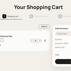 K&ouml;nnte beinhalten: Screenshot einer Warenkorbseite mit dem Text "Your Shopping Cart". Der Warenkorb enth&auml;lt eine "Weekend Canvas Tote" Tasche, die Menge 3, und eine Bestell&uuml;bersicht mit Zwischensumme, Rabatt, Liefergeb&uuml;hr und Gesamtbetrag.